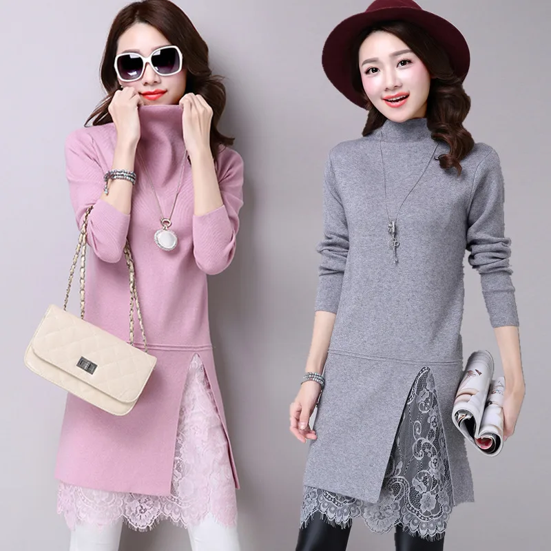 

2018 Korean Style Female Casual Turtleneck Lace Dresses Fashion Long Sleeve Sexy Wool Knitted Cashmere Sweater Dress for Woman