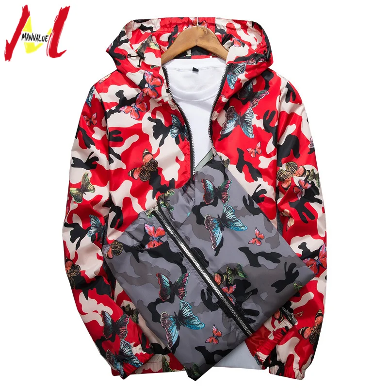 

MANVALUE Spring and Autumn Korean Style Men's Hooded Thin Students Class Clothes Camouflage Flower Butterfly Printing Jackets