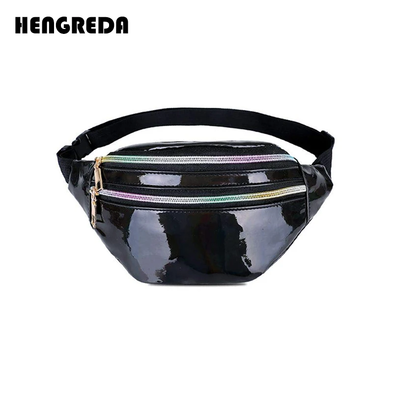 Hengreda голографические поясные сумки женские розовые серебряные поясные сумки Женская поясная сумка черные геометрические поясные сумки лазерная нагрудная сумка для телефона - Цвет: Black