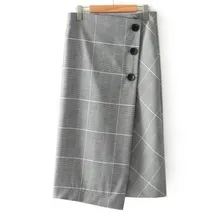 Женская Асимметричная клетчатая юбка с открытыми пуговицами средней длины, новая Женская Асимметричная юбка до середины икры с высокой талией, женская серая юбка