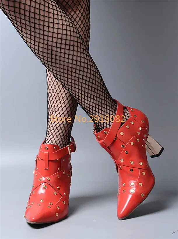 2017 New Ankle Boots Female Martin Boots Chelsea Boots British Rivet Pointed-toe Women Shoes Spike Heels Red Black RoyalBlue