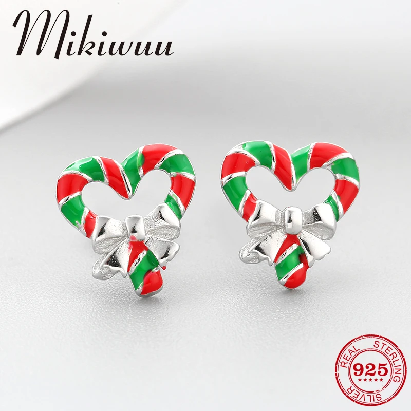 

925 Sterling Silver bowknot and heart christmas garland shape green red enamel DIY fine Stud Earrings fashion luxury Jewelry