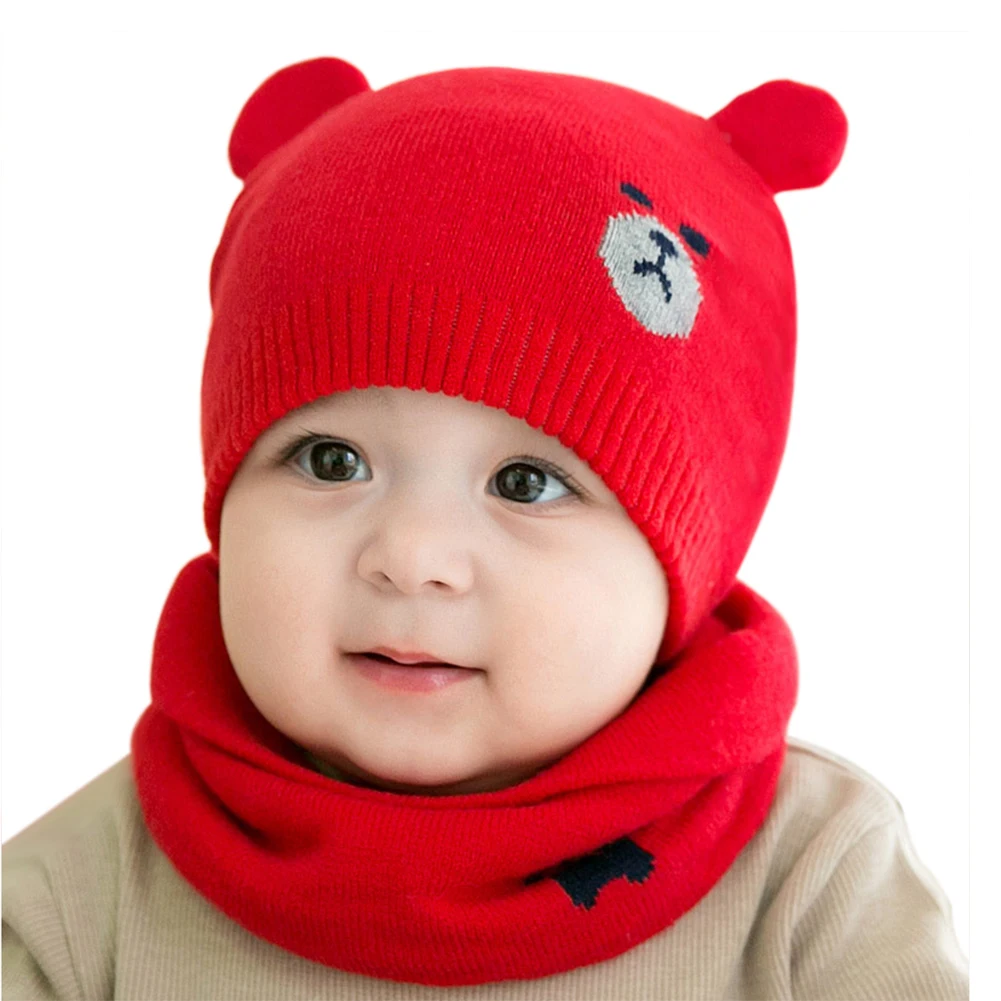 Детские зимние кепки s наборы с шарфом теплые вязаная круглая шапочка милые Носки с рисунком медведя из мультика шапочка M8694