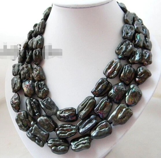 

HOT## Wholesale 3Strands 18'' 15mmx20mm Black Baroque Biwa Freshwater Pearl Necklace