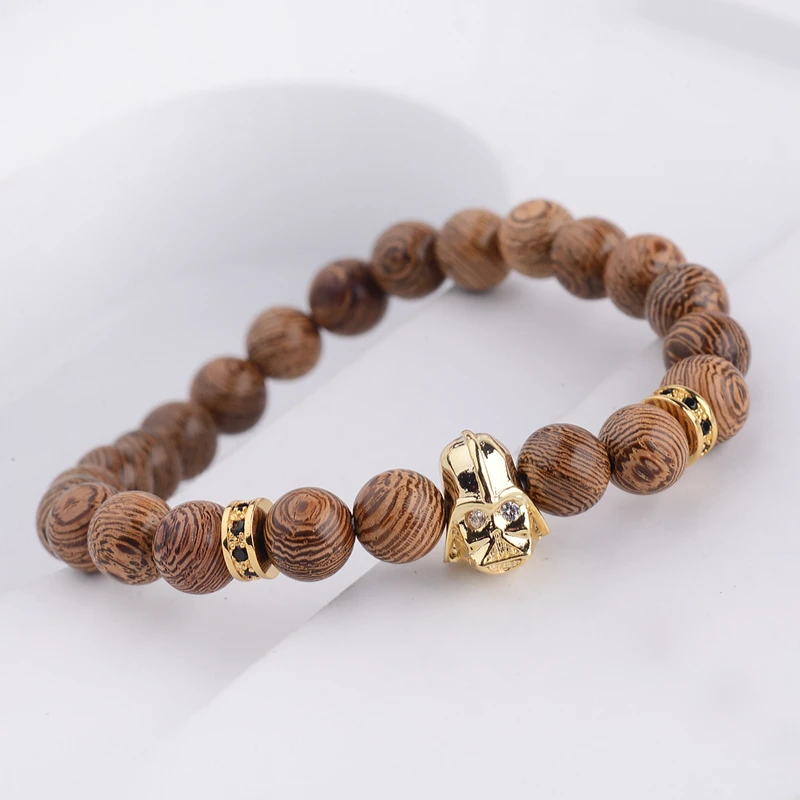 

DOUVEI New Charm Men Natural Wood Bracelets With Star Wars Darth Vader CZ Beads Women Bracelet Handmade Prayer ABJ017