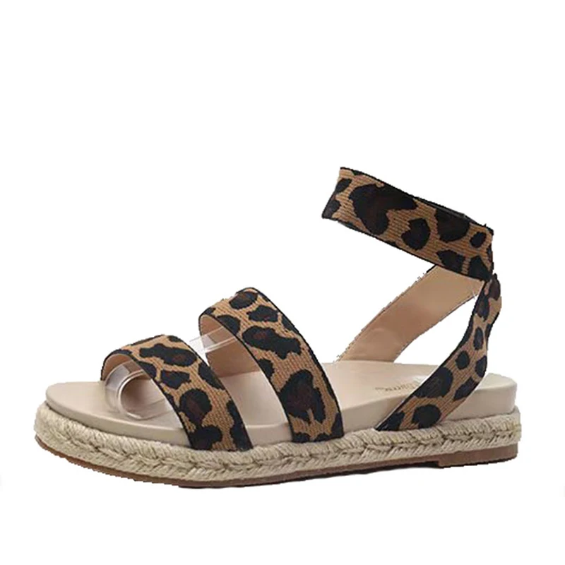 

Women Leopard Sandals Ankle Strap Hemp Platform Flat Shoes Female Flock Elastic Band Slides Ladies Summer Footwear Plus Size