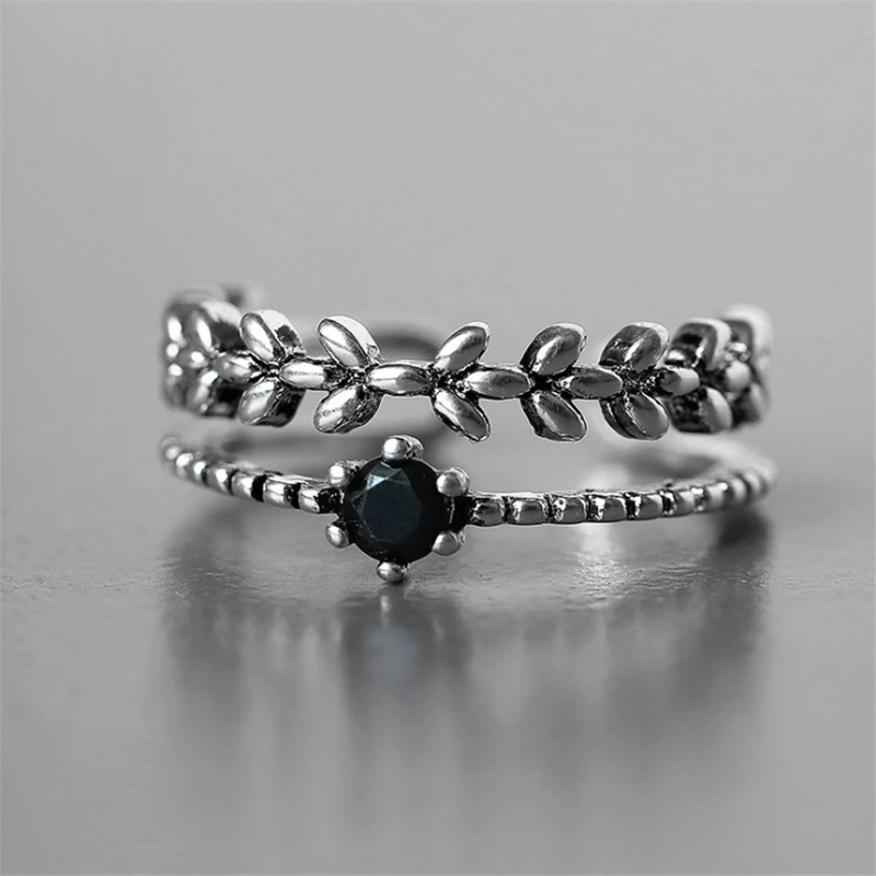 

black crystal branch leaves plant luxury ring 925 sterling sliver vintage bridal set party adjustable rings women ladies JZ716