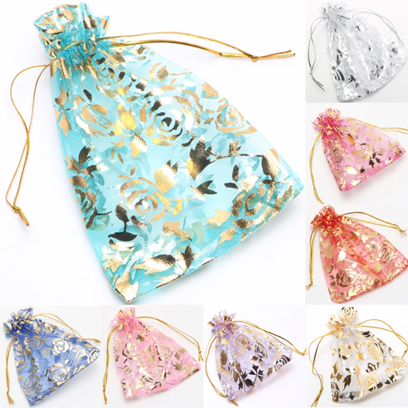 

25pcs/set Gold Rose Organza Jewelry Wedding Gift Pouch Bags 7x9cm 3X4 Inch Mix Color for Party Holiday New Year Use