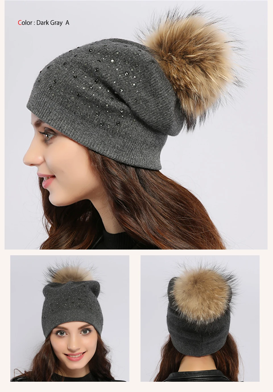 Geebro бренд Для женщин помпонами Шапки зима теплая Вязание енота Мех животных Pom Beanie шапка для Для женщин Натуральный мех Помпона шапочки Skullies