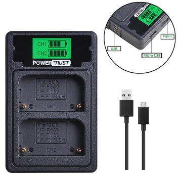 

Powertrust NP-FM500H NP-F550 NP-FM50 LCD USB Dual Charger With USB Cable&Type C Port For Sony A200 A200K A200W A300 A350 A450