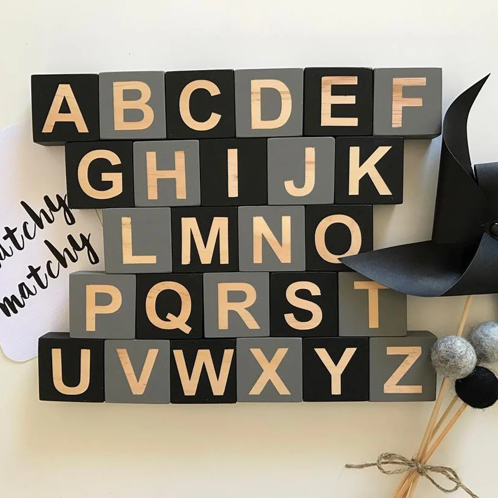 26Pcs Wooden English Alphabet Block Letters Kids Educational Game Toys Wood DIY Craft Home Wedding Party Decor Photo Prop