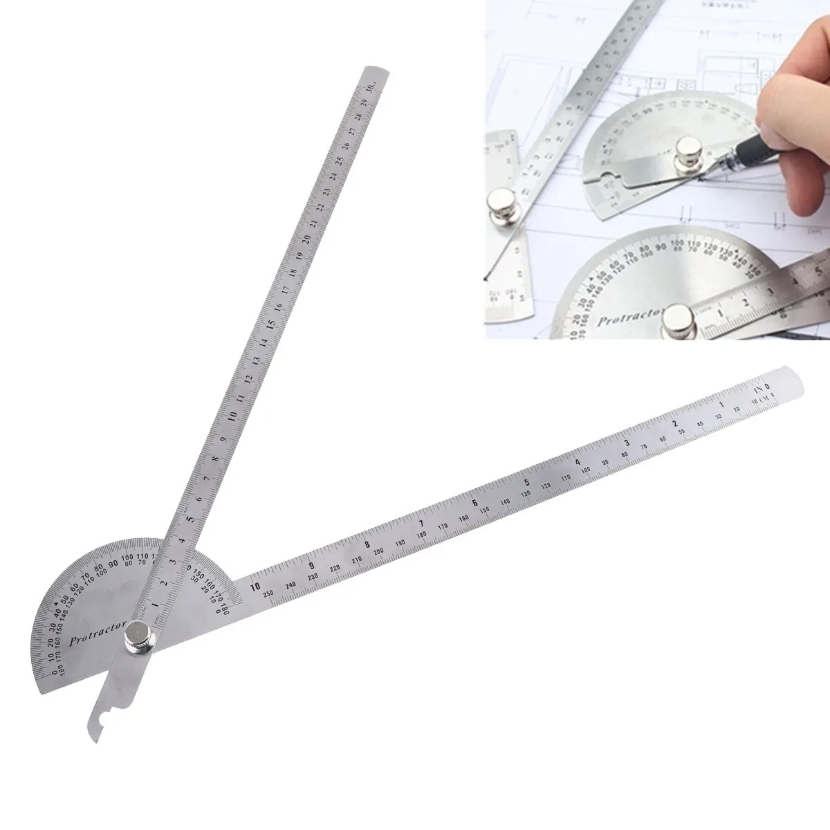 

180 Degree 250 x 300mm Stainless Steel Adjustable Double-arm Angle Ruler with Round Head Rotary Protractor Tool for Measurement
