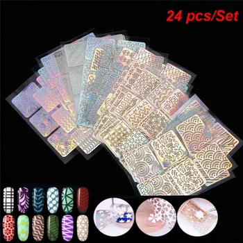 

24 Sheets/Set Nail Art Guide Stickers Laser Star 3D DIY Vinyls Colorful Stencil Template Tips Guide Stamp Decals (Random)