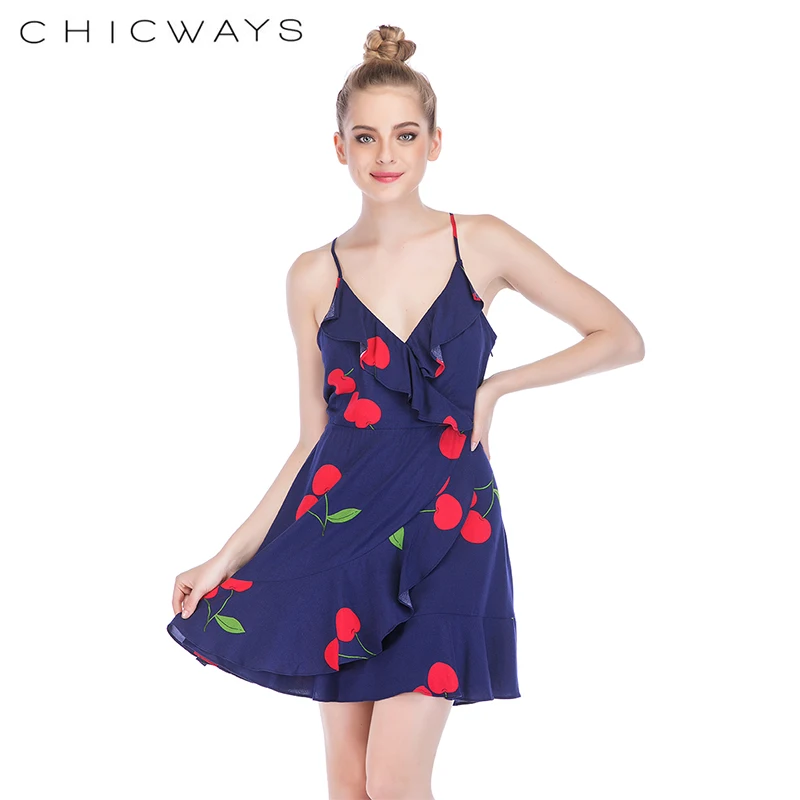 Chicways Cherry Print Boho Beach Floral Warp Dress Spaghetti Strap