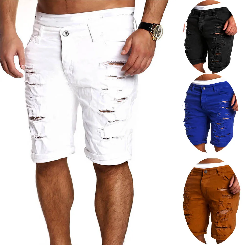 Модные мужские Ретро Эластичные Обтягивающие потертые короткие шорты рваные джинсовые мужские повседневные шорты до колена