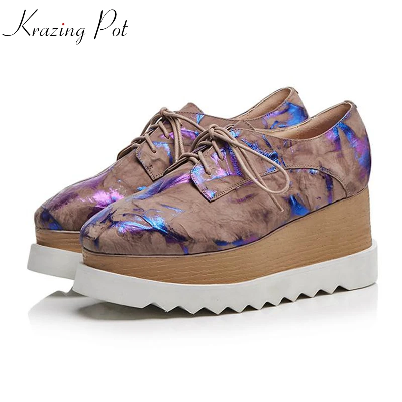

Krazing Pot 2018 genuine leather gradient color wedges high heels women pumps lace up waterproof British school oxford shoes L18