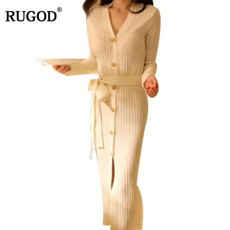 

RUGOD 2019 Newest Fashion Knitted Cardigans With Belts Solid V-Neck Single Breasted Long Sweater Coat Cardigan Female Outwear