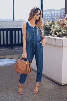 

New Arrival Women Fashion Jumpsuit Autumn Spring Ladies Casual Denim Jumpsuit Rompers Sleeveless Ladies Trouser