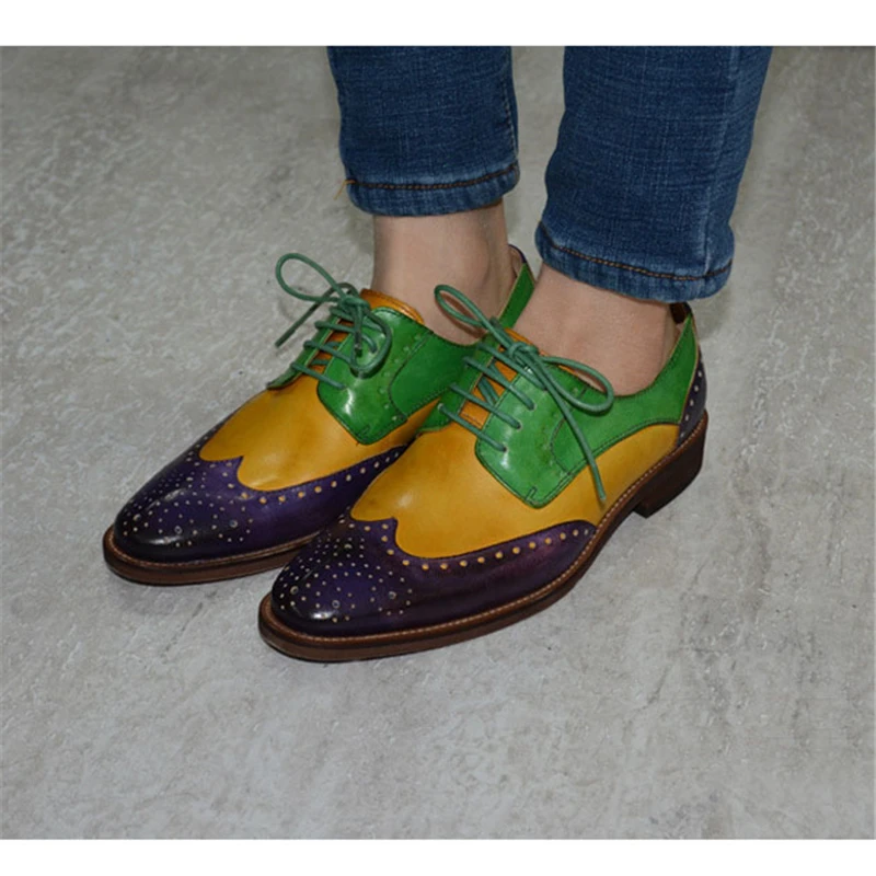 

Women Genuine Leather Oxfords Shoes Ladies Flats Brogue Lace Up Round Toe Mix Color 2019 New Fashion Free Shipping