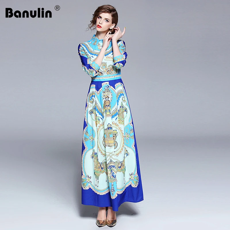 Banulin المدرج مصمم الخريف حزب اللباس قميص نسائي طوق عالية الخصر الزهور طباعة ضئيلة ماكسي خمر اللباس vestido الإناث