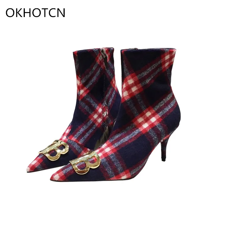 

Fashion Show Pointed Toe High Heels Short Boots Women Plaid Cloth Upper Side Zip Ankle Boots Gold BB Lady Nude Botas Autumn Fall