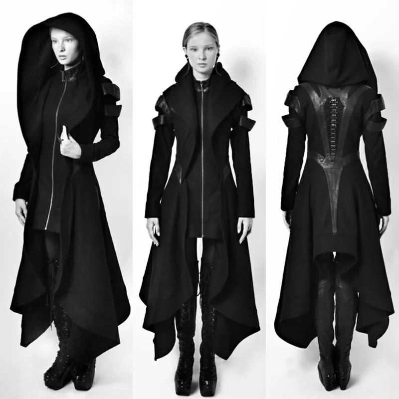 

Cool Women Cosplay Coat Irregular Hooded Leather Patchwork Tops Cosplay Avant Long Coat Gothic Ninja Hero Clothing Warm Sexy Bla