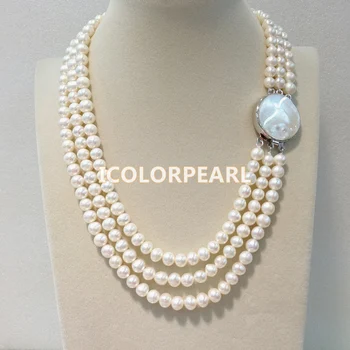 

WEICOLOR 45-50cm Three-Row 6-7mm Nearround White Freshwater Pearl Necklace With A Southsea Mother Pearl Shell Clasp