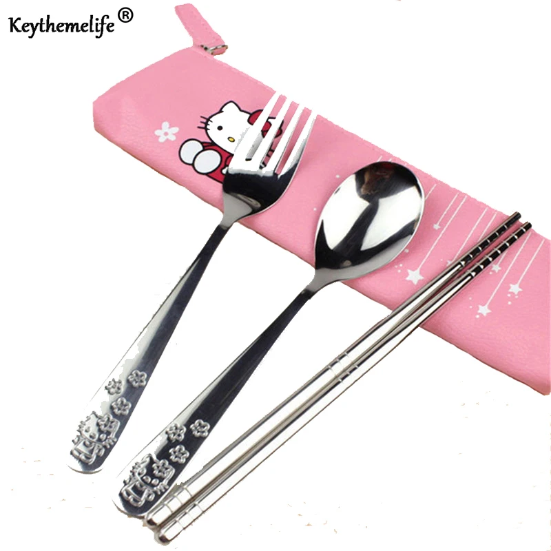 

3pcs/set Cartoon Dinnerware Spoon Fork Chopsticks set for Kids Hello kitty Stainless Steel Travel Tableware D5