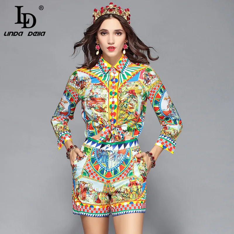 LD LINDA DELLA Runway diseñador Casual vacaciones pantalones cortos conjunto de blusas estampadas de manga larga para mujer + Pantalones cortos conjunto de dos piezas - 1