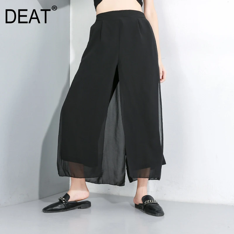 

[DEAT] 2019 New Spring Summer High Elastic Waist Loose Black Chiffon Split Joint Wide Leg Pants Women Trousers Fashion Tide JX49