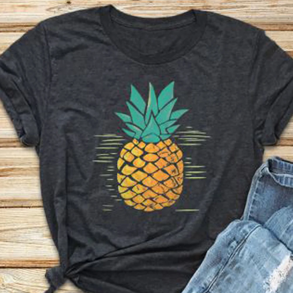 

Women Short Sleeves T-Shirts Summer Femme Tops Women Pineapple Slim Black Festival Basic Tee Korean Style Oversized 2019