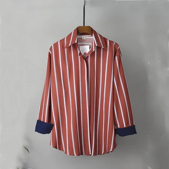 

Autumn Women's Clothing Long Sleeve Turn-down Collar Chiffon Shirts White and Red Striped Office Lady Clothing Cardigan shirts