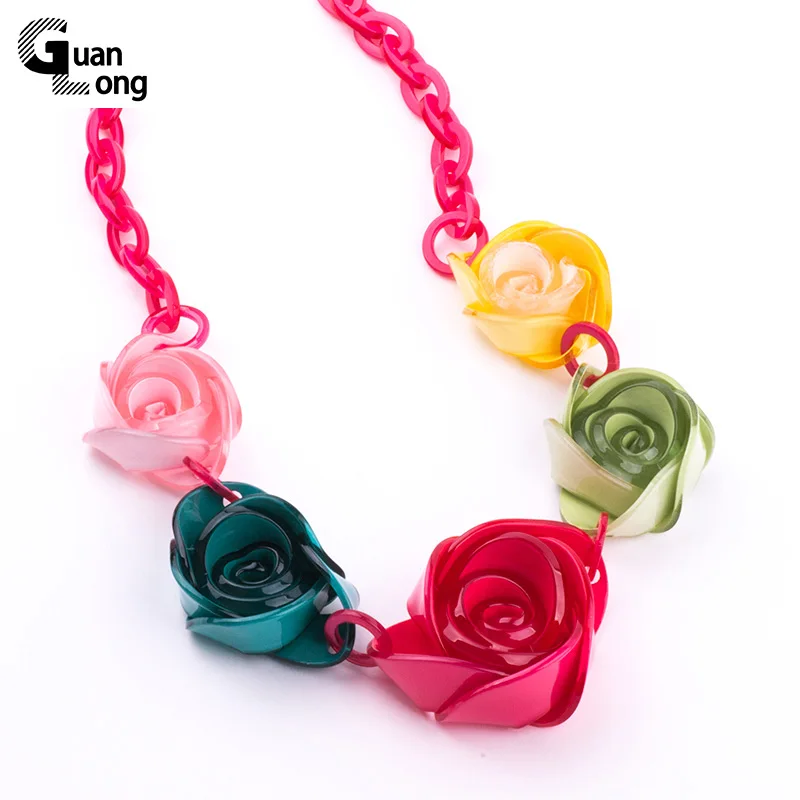 

GuanLong 2017 Spring New Fashion Candy Color Resin Craft Rose Flower Pendant Necklace For Young Women