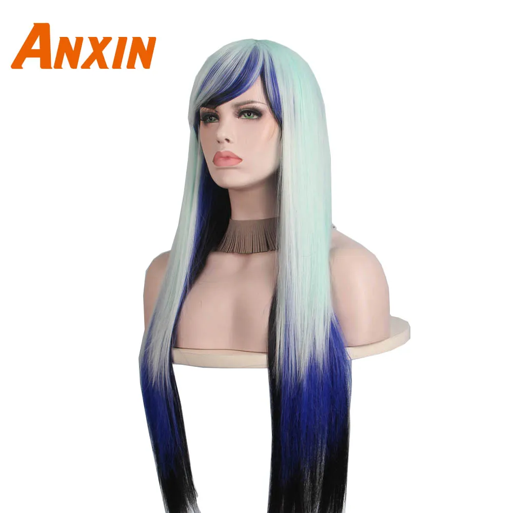 Anxin парик с длинными прямыми волосами с плоским синтетические чёлки волос для женщин средства ухода за кожей Ombre Multi цвет синий, черный цвет ful парик для косплея