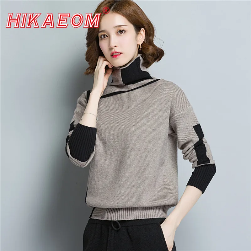 

Turtleneck Splicing Sweater Women Autumn Winter Loose Short Thick Sweaters Pullowers Long Sleeve Wild Knit Bottom Shirt Women