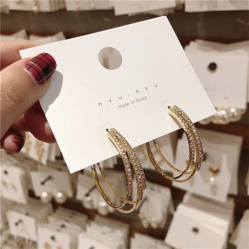 

JCYMONG Trendy Super Shinings Crystal Hoop Earrings Three Layer Gold Color Metal Earrings For Women Girl Wedding Fashion Jewelry