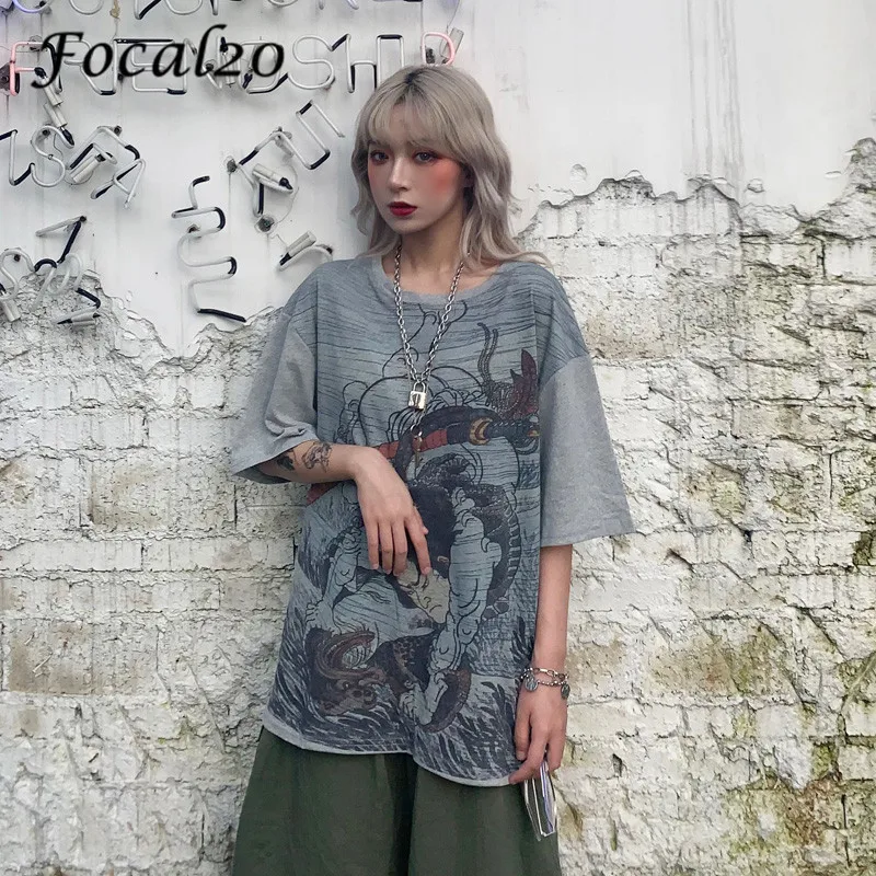 

Focal20 Streetwear Japanese Character Monster Print Women T Shirts Short Sleeve Loose Patchwork Crew Neck Summer Female T Shirt