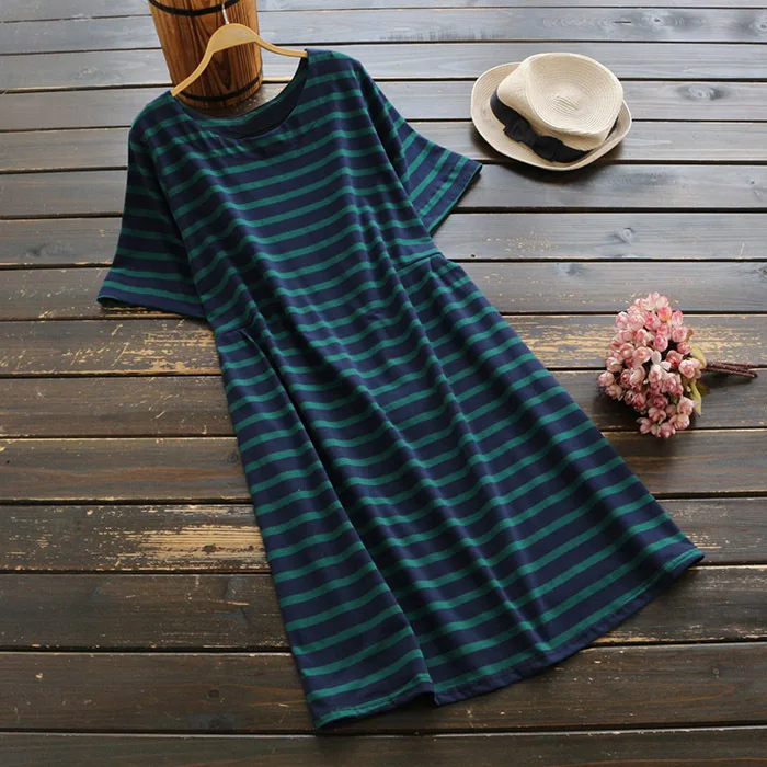 

6047 new summer women mori girl simple Casual stripe short sleeve dresses Cotton O-Neck loose midi dress women