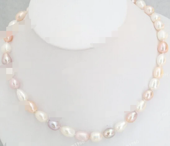 

huij 001889 Natural 9-10mm White Pink purple Freshwater Cultured Pearls Necklace