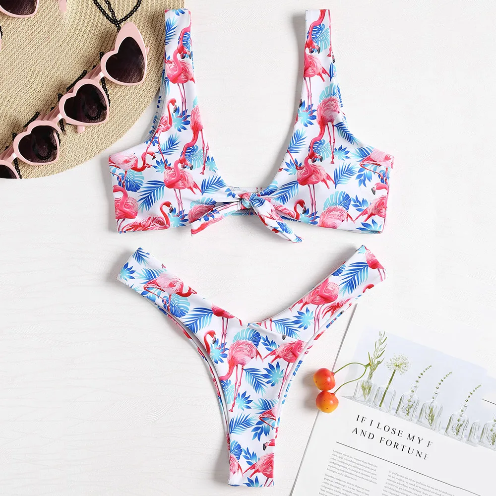 Женский купальник бикини ZAFUL Flamingo с высоким вырезом и глубоким купальный костюм