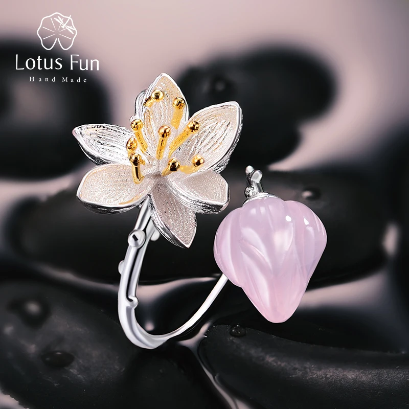 

Lotus Fun Real 925 Sterling Silver Rings for Women Rose Quartz Stone Flower Finger Ring Open Adjustable Silver 925 Jewelry