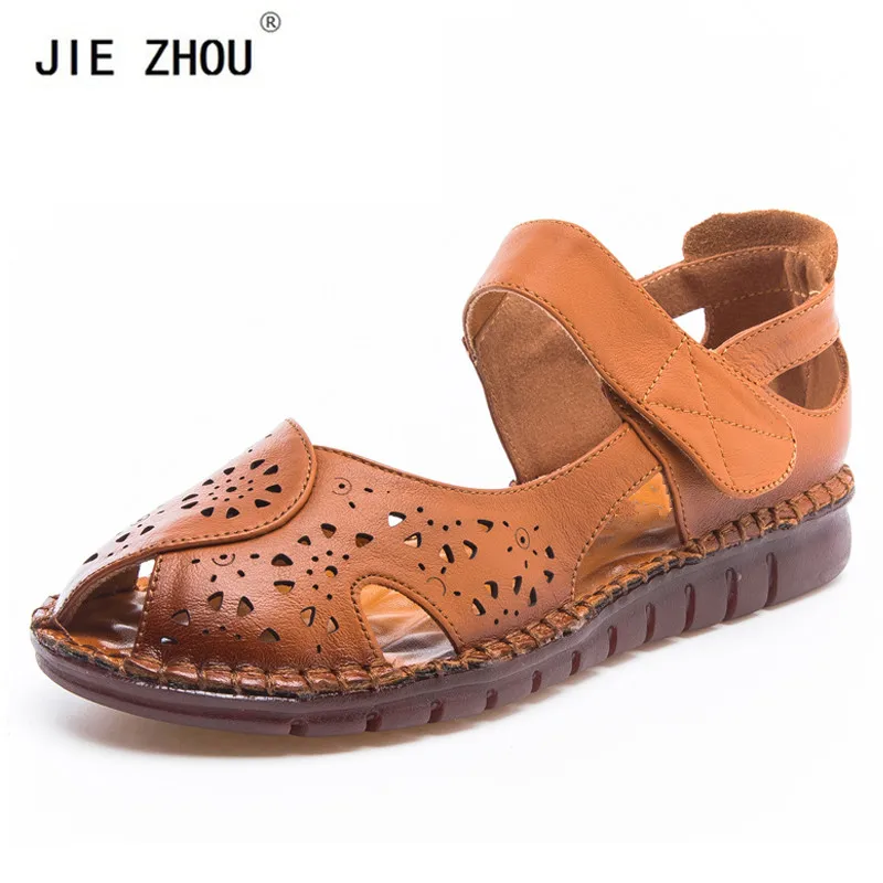 

Summer Genuine Leather Mom Sandals Women Comfort Soft Outsole Hollow-out Leather Shoes Woman Flats Open Toe Women's shoes