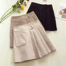 Женская шерстяная плиссированная пуговица для юбки с карманами с завышенной талией, Милая зимняя одежда