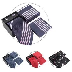 HOOYI Мужская Мода полосой шеи галстук набор галстуки Запонки шелковые галстуки карман Подарочная коробка для носовых платков