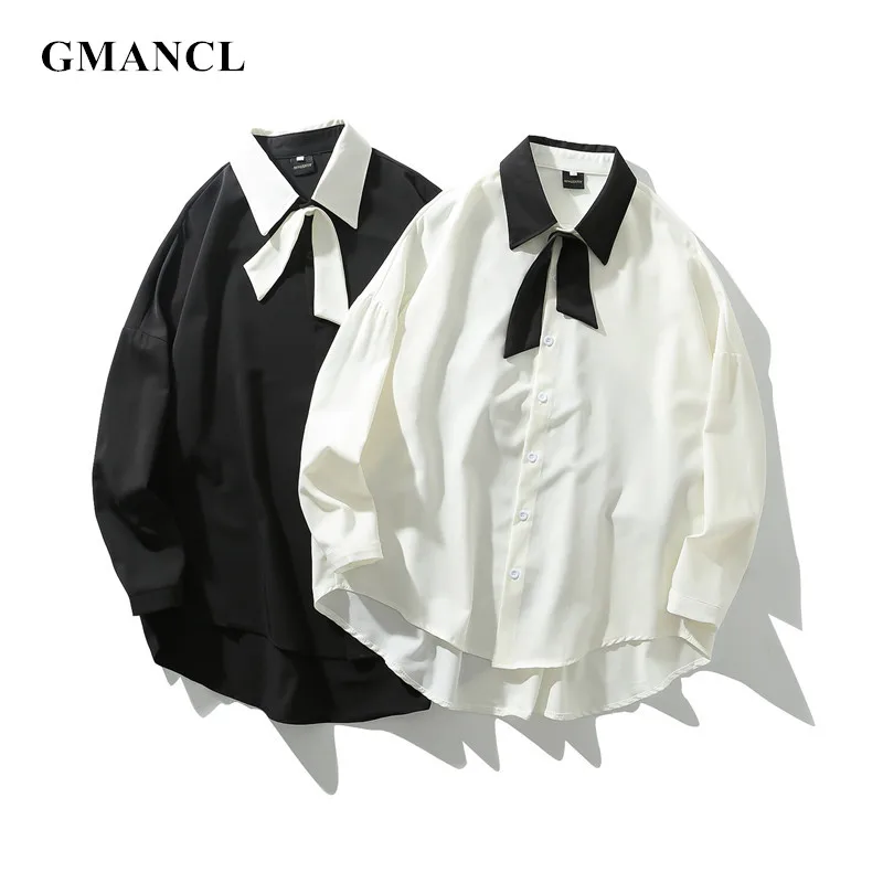 

Fashion designer Korean clothes Autumn Men Simple black white bow tie Long Sleeve Shirts Streetwear male Oversized Casual Shirts