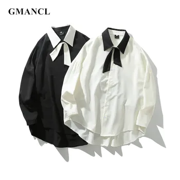 

Fashion designer Korean clothes Autumn Men Simple black white bow tie Long Sleeve Shirts Streetwear male Oversized Casual Shirts