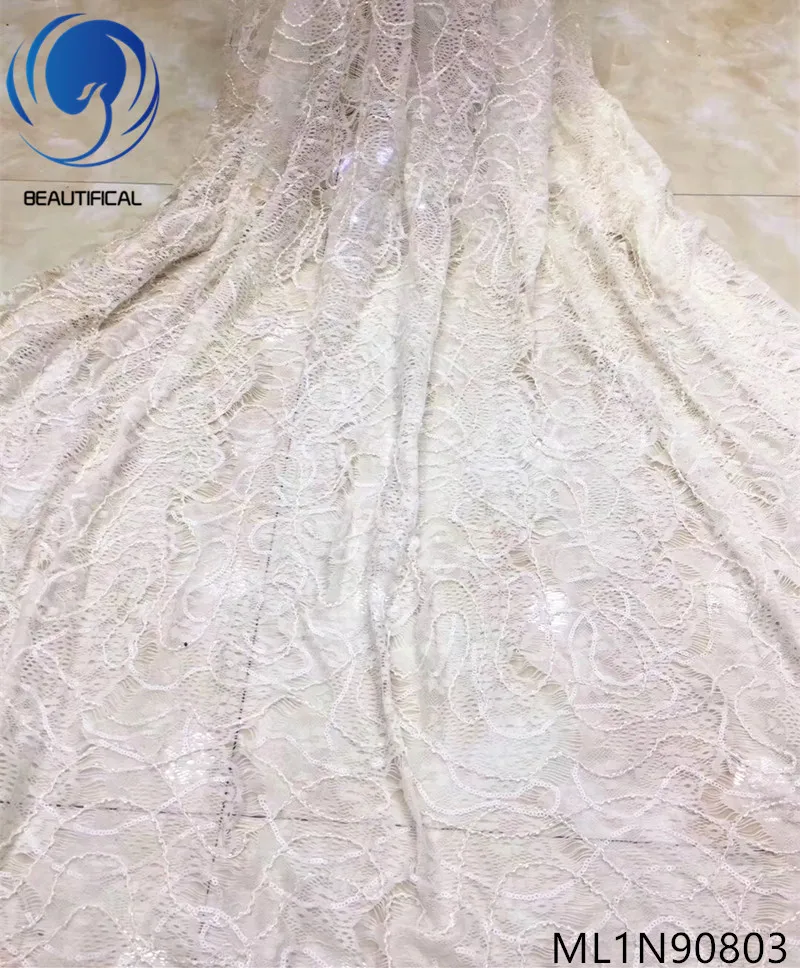

Beautifical African lace fabrics New design nigerian lace sequins fabrics 5yards white frnech lace beaded fabric ML1N908