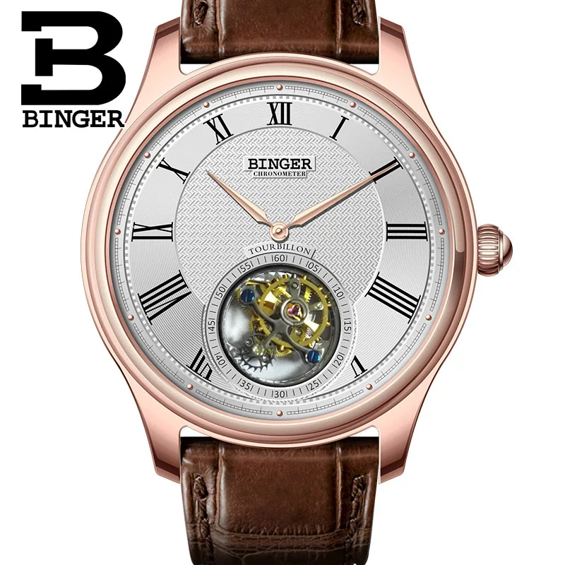 Высококачественные деловые часы BINGER Seagull Tourbillon, механические часы с крокодиловым кожаным ремешком, сапфировые Мужские автоматические часы