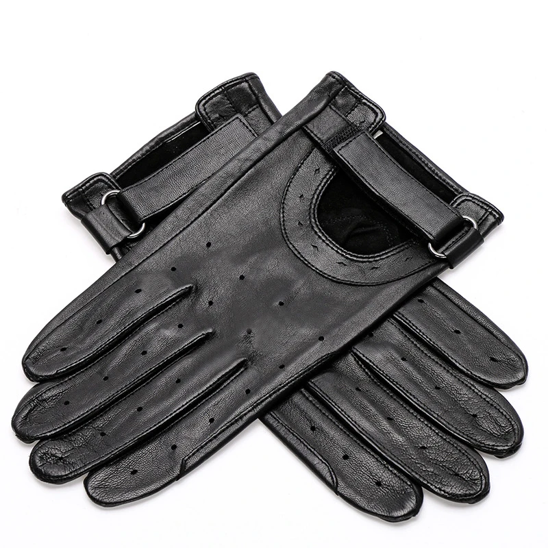 Genuine Leather Gloves Male Black Sheepskin Breathable Holes Anti-Slip Driving Thin Unlined Black Man's Gloves TE0710