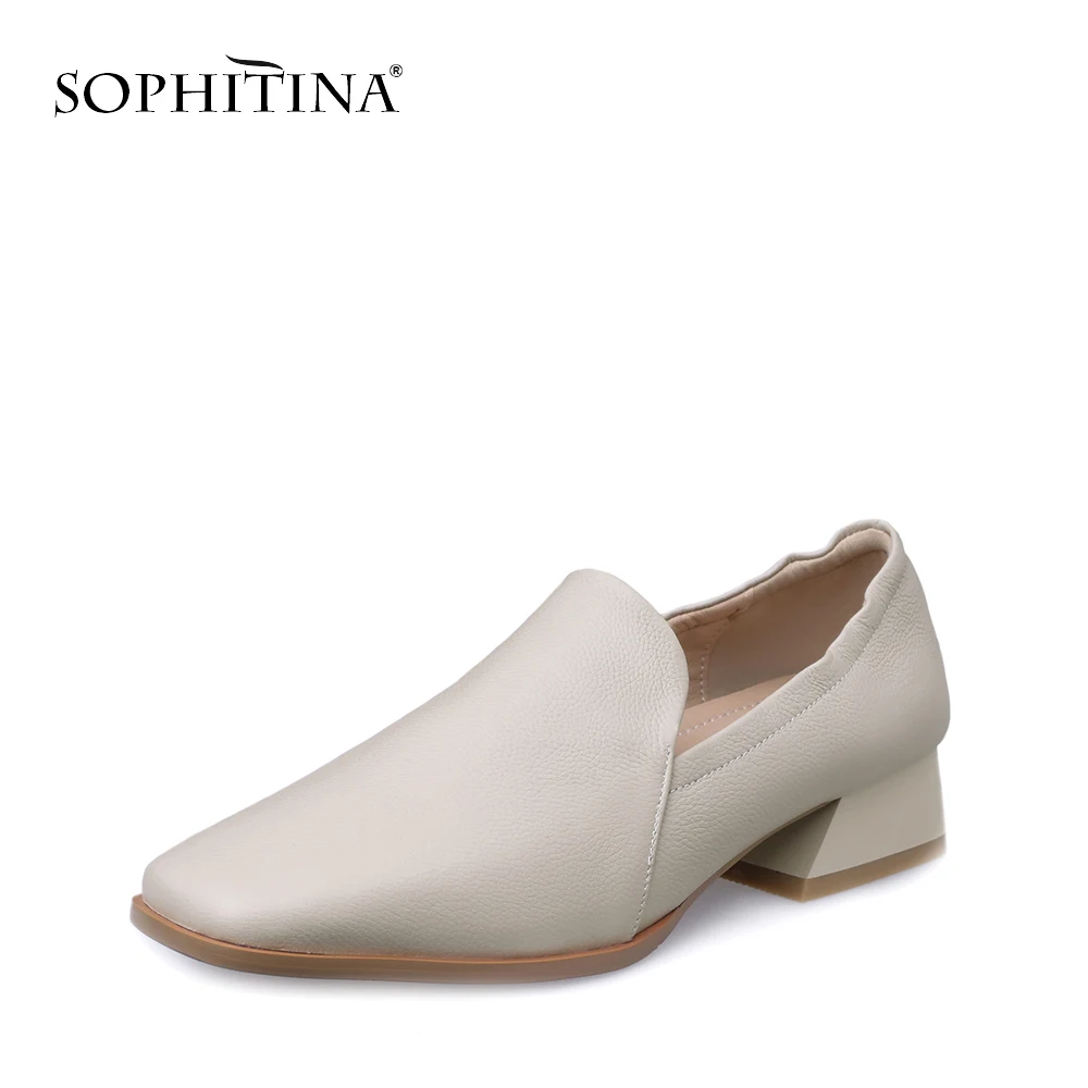 

SOPHITINA 2019 Spring New Genuine Leather Basic Woman Pumps Square Toe and Heel Shallow Slip-on Mature Solid Career Shoes PO37